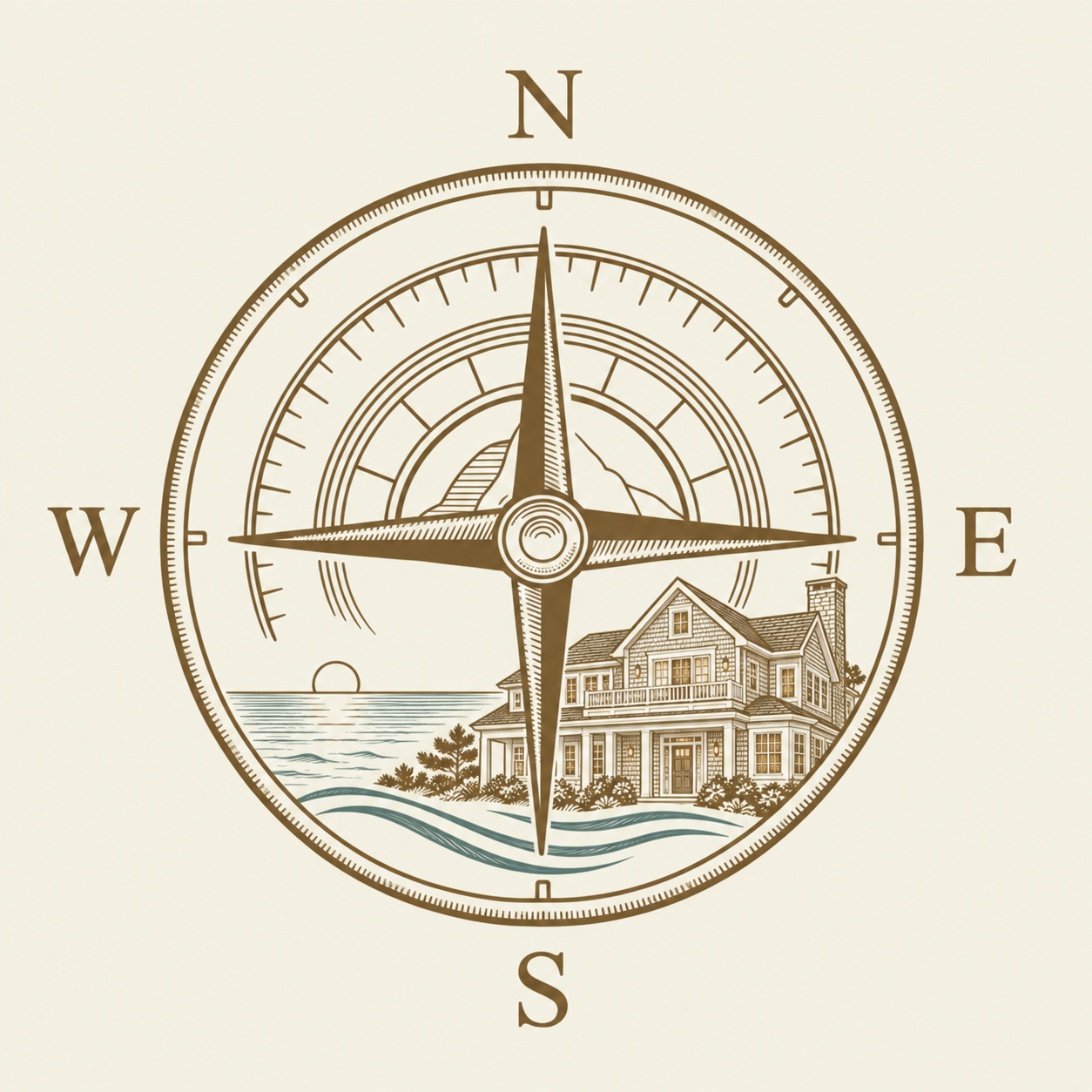 Ornate compass with coastal home and wave